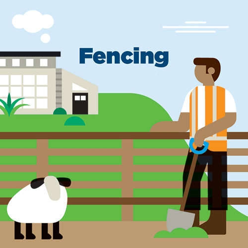Illustration of farmer standing by fence